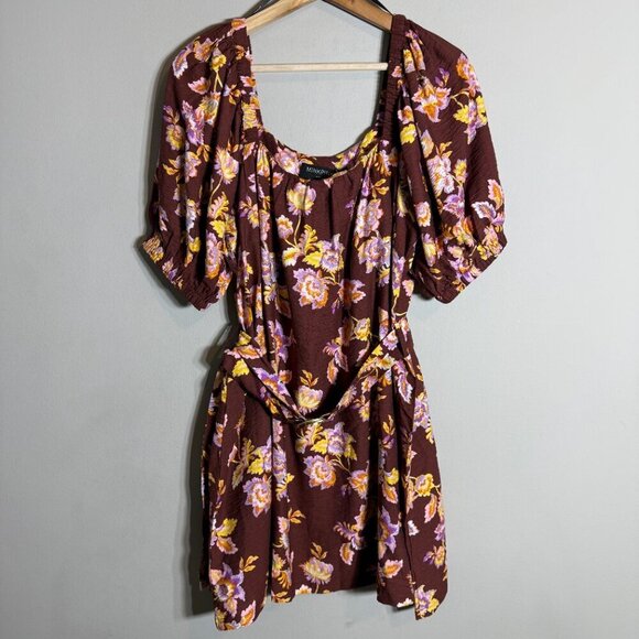 MINKPINK Giselle Belted Floral Mini Dress Women's Large Brown Puff Sleeve NWT - Picture 6 of 16
